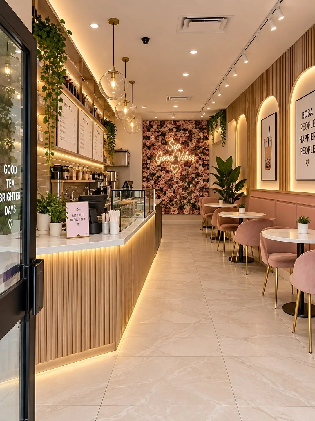 After: the unit as a bubble tea café with a slatted, lit counter
