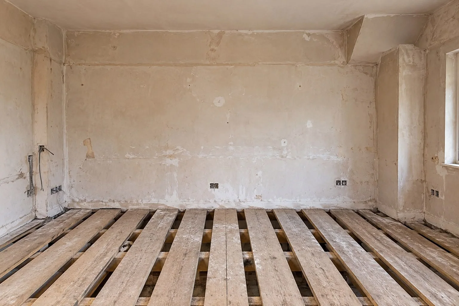 Before: a stripped room with bare floor joists