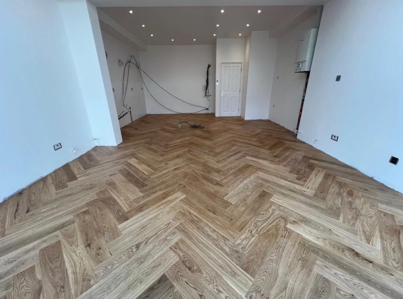 Oak herringbone floor in a freshly finished room