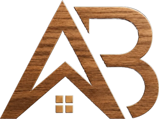 The AB Woodwork logo: the letters A and B in walnut, the A shaped as a roof over a copper window